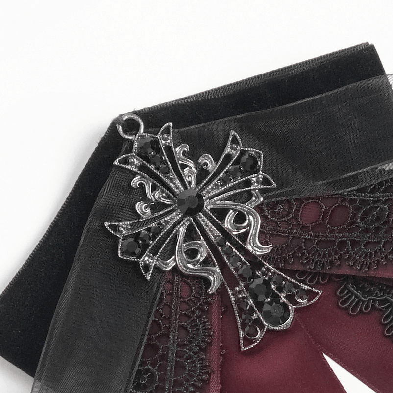 Gothic Burgundy Bow Brooch with Cross Lace Trim