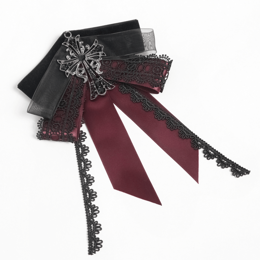 Gothic Burgundy Bow Brooch with Cross Lace Trim