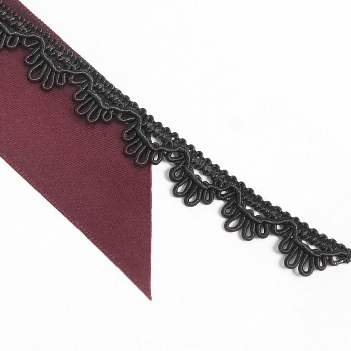 Gothic Burgundy Bow Brooch with Cross Lace Trim