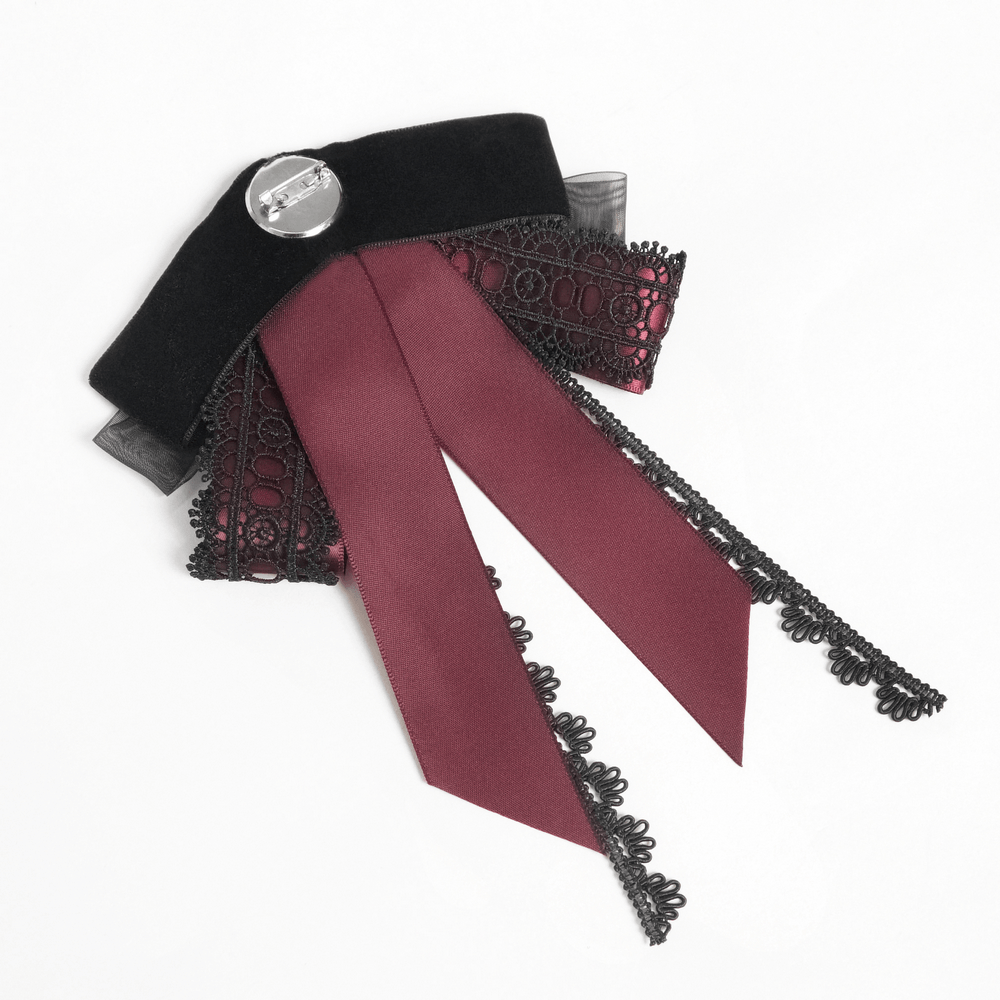 Gothic Burgundy Bow Brooch with Cross Lace Trim