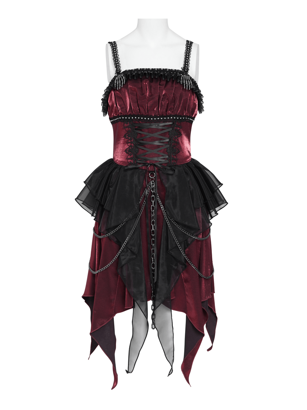 Gothic Burgundy Corset Dress with Chains and Tulle, Victorian punk lace-up dress with ruffles and asymmetric hems