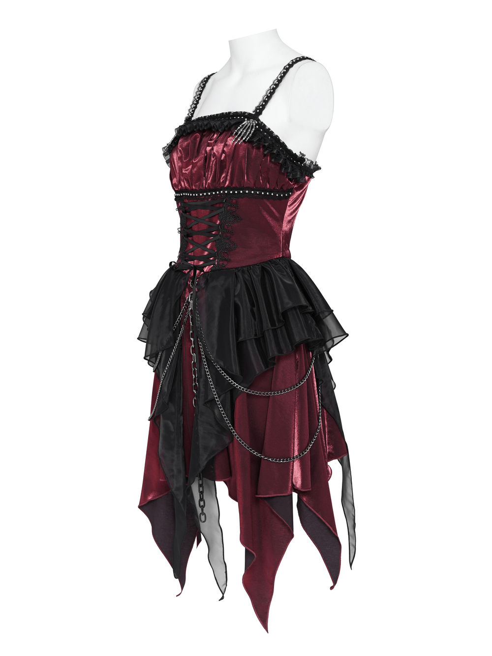 Gothic Burgundy Corset Dress with Chains and Tulle, Victorian punk lace-up bodice and dramatic ruffled hem