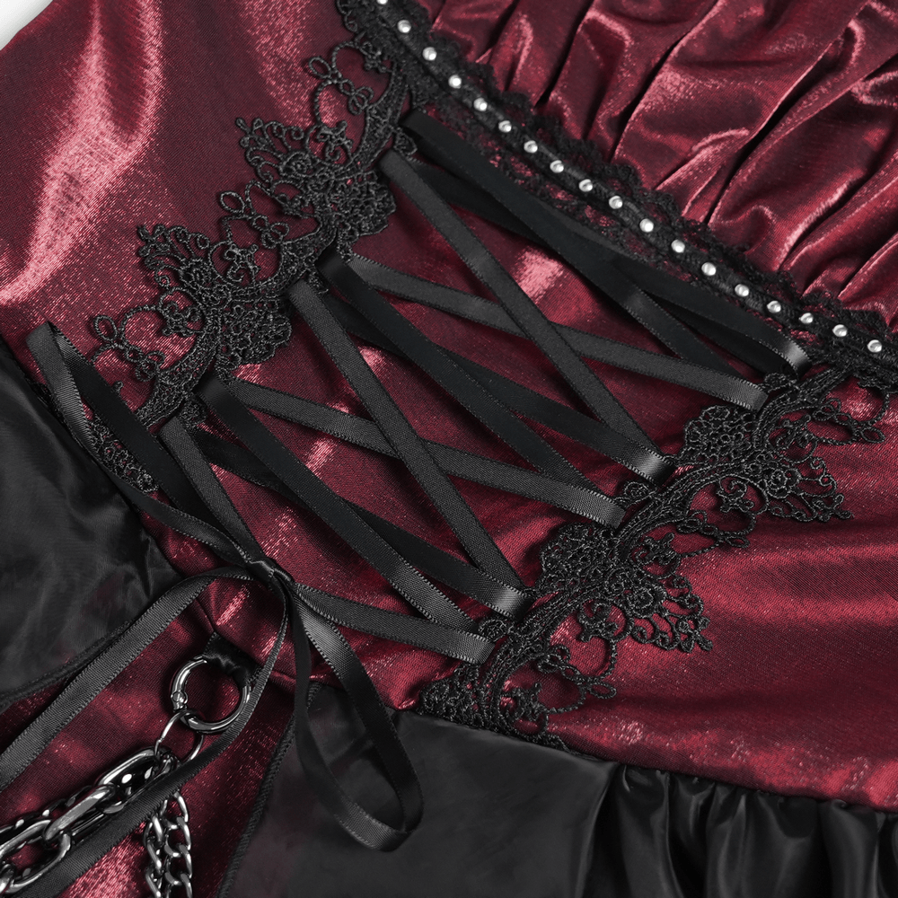 Gothic Burgundy Corset Dress with Chains and Tulle, black lace-up bodice detail with Victorian punk ruffles