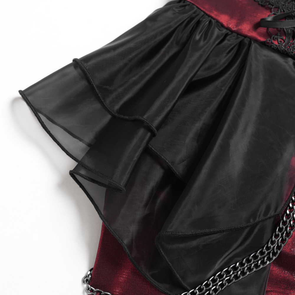 Gothic Burgundy Corset Dress with Chains and Tulle, black sheer layers and chain details for Victorian punk drama