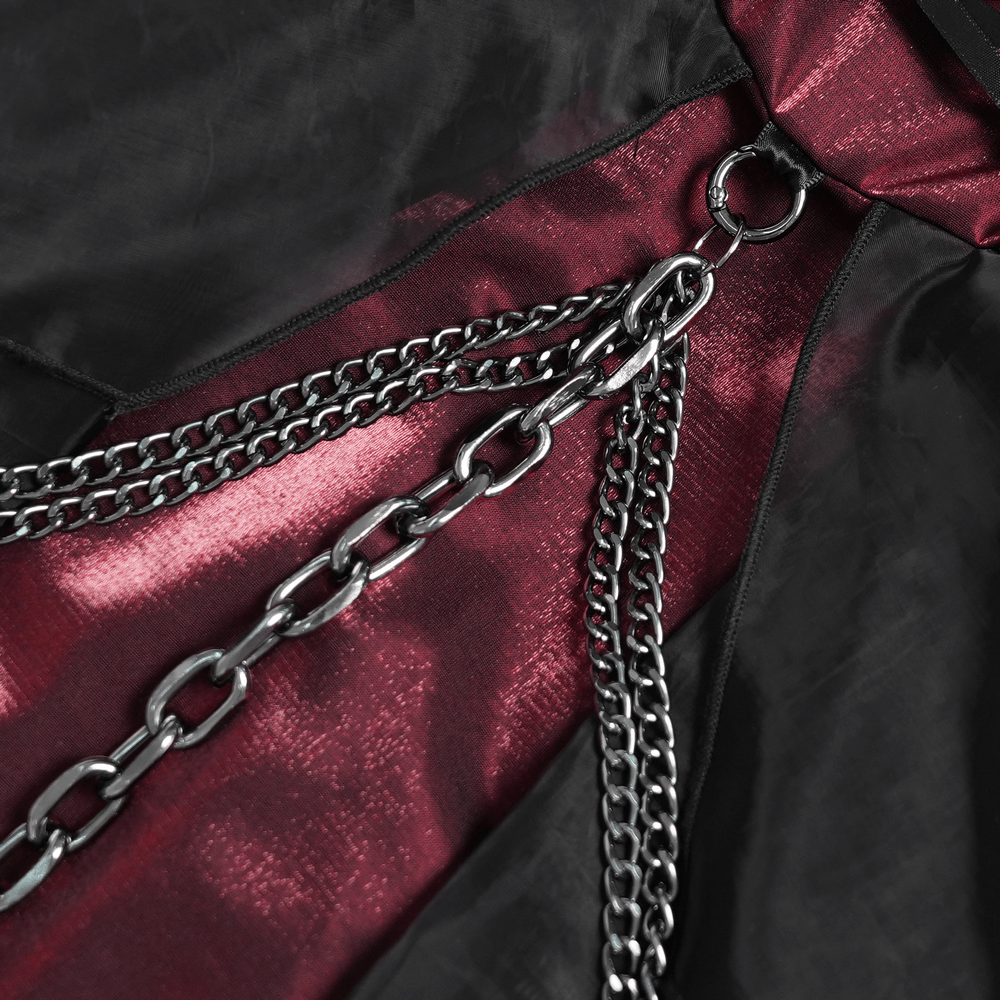 Gothic Burgundy Corset Dress with Chains and Tulle, burgundy satin with black sheer overlays and draped metal chains