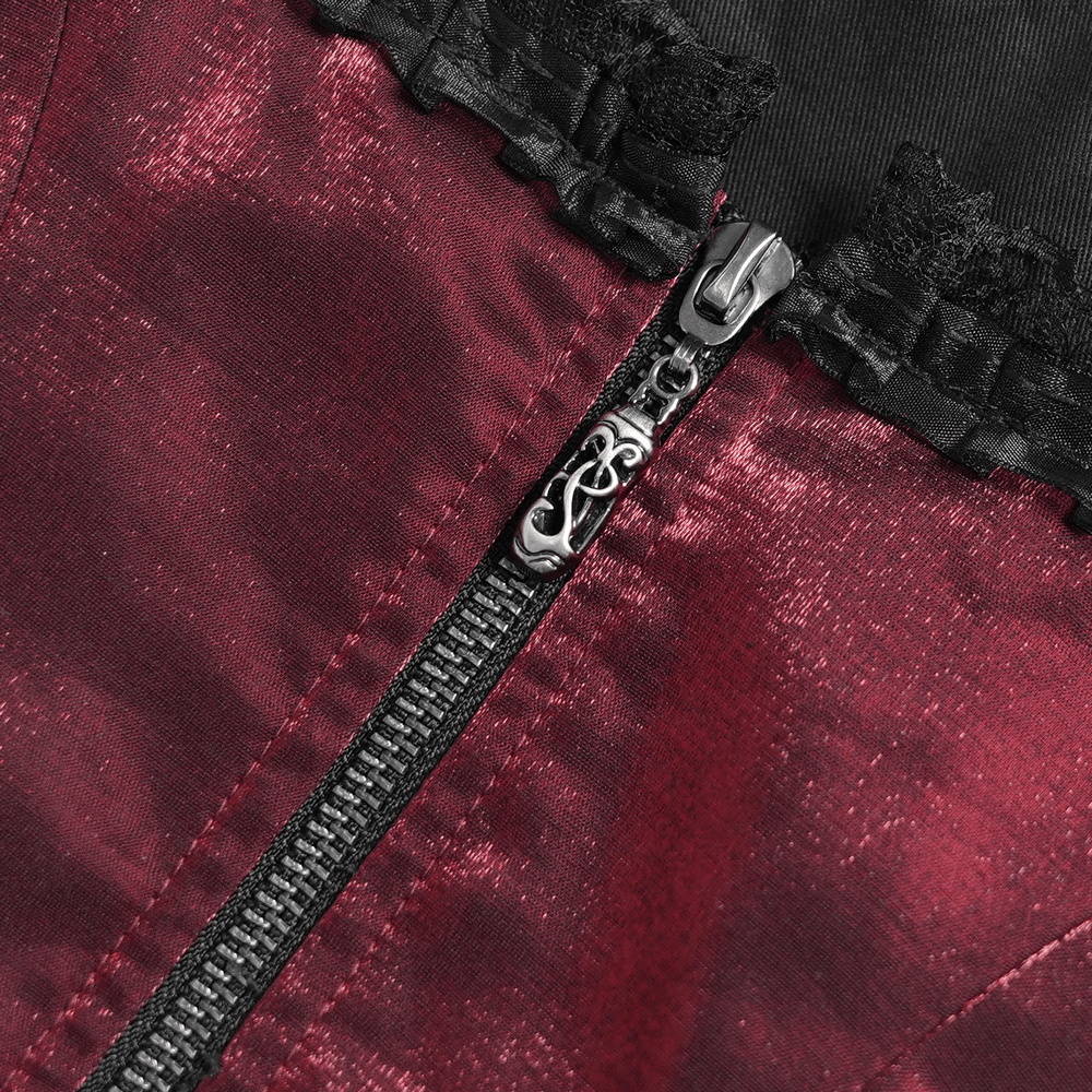 Gothic Burgundy Corset Dress with Chains and Tulle, close-up of burgundy lace-up bodice and black lace trim