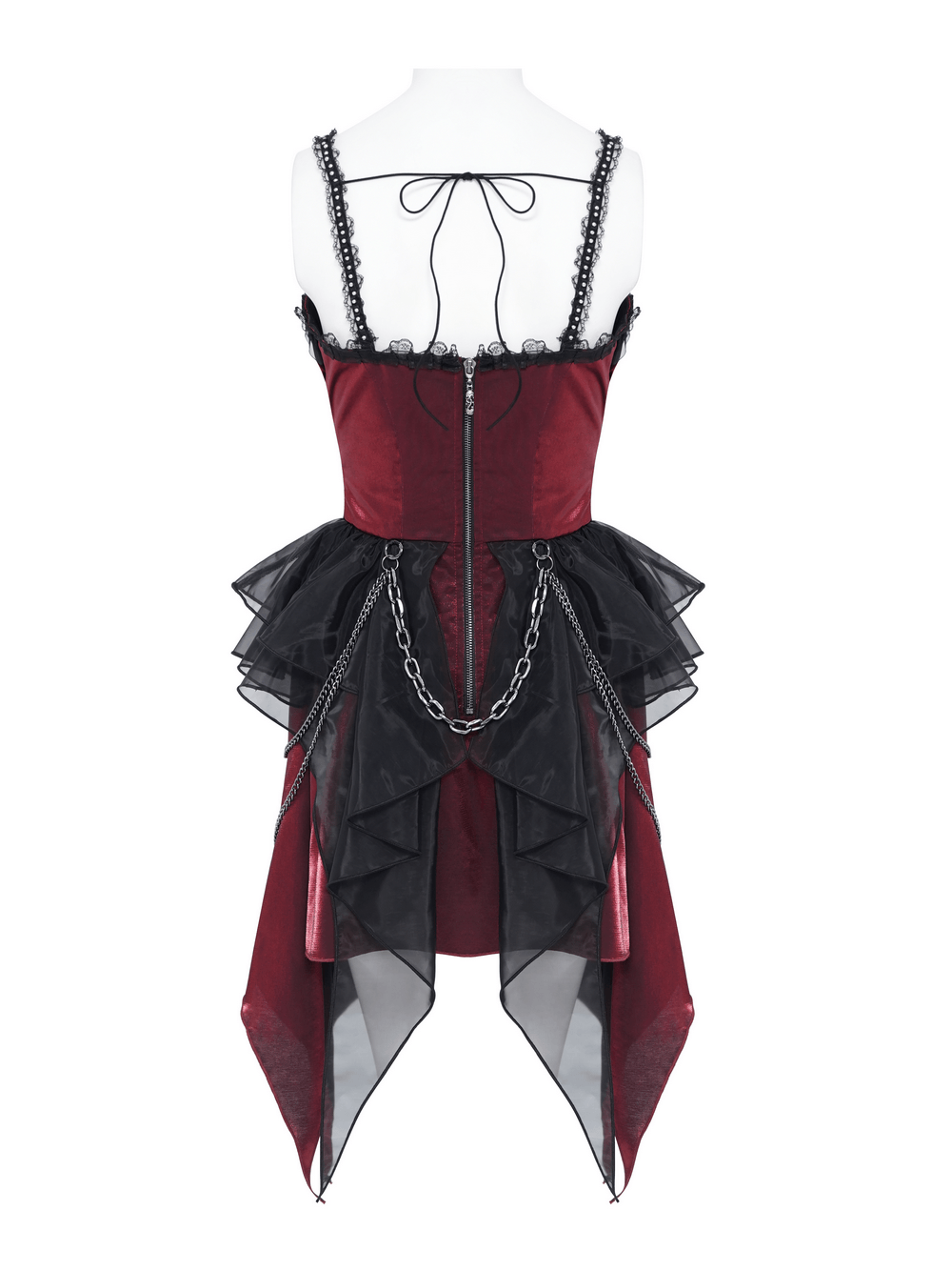 Gothic Burgundy Corset Dress with Chains and Tulle, Victorian punk dress with lace-up bodice, ruffles, and dramatic hem