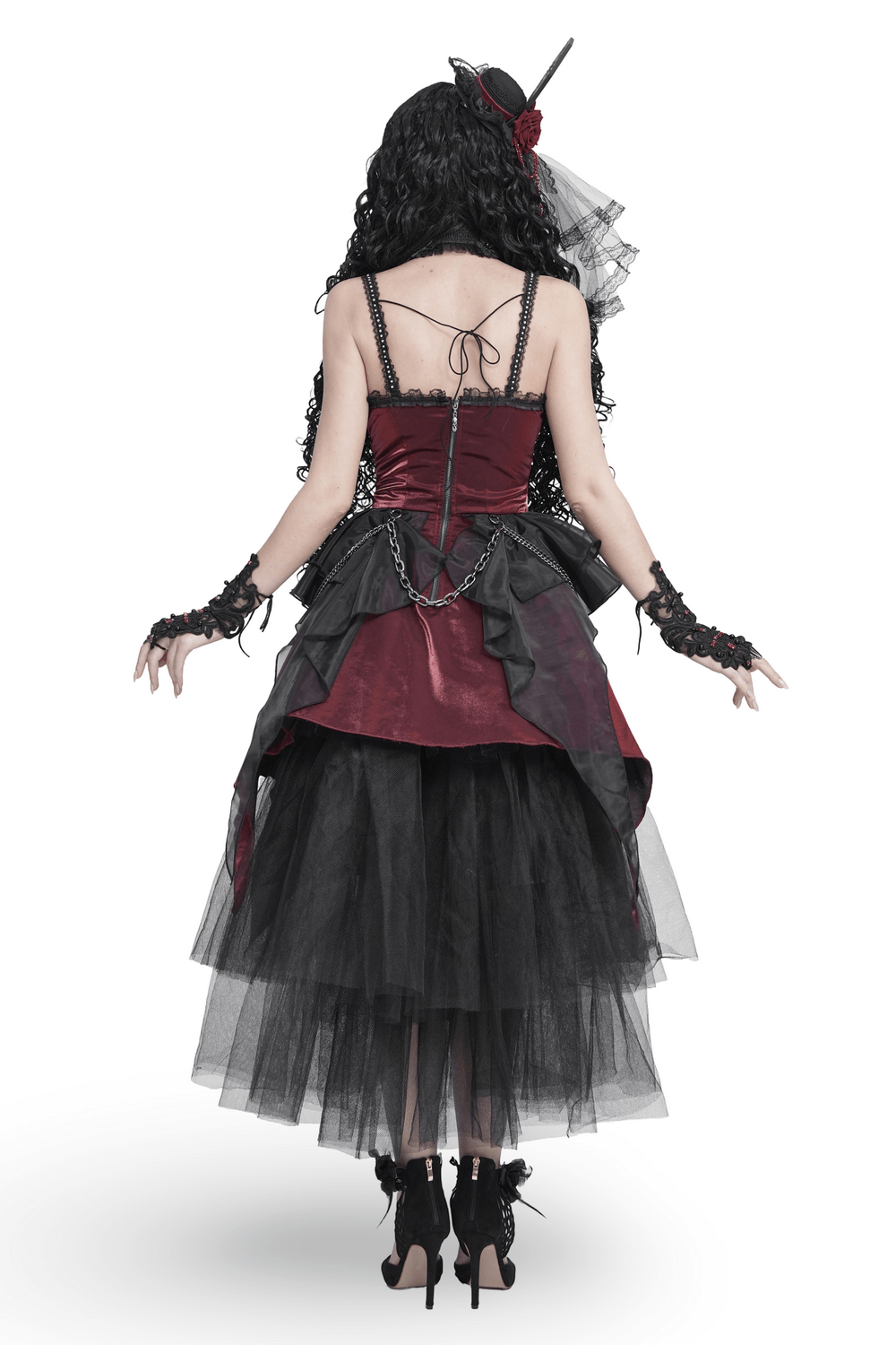 Gothic Burgundy Corset Dress with Chains and Tulle, Victorian punk back view with lace-up bodice and layered tulle skirt