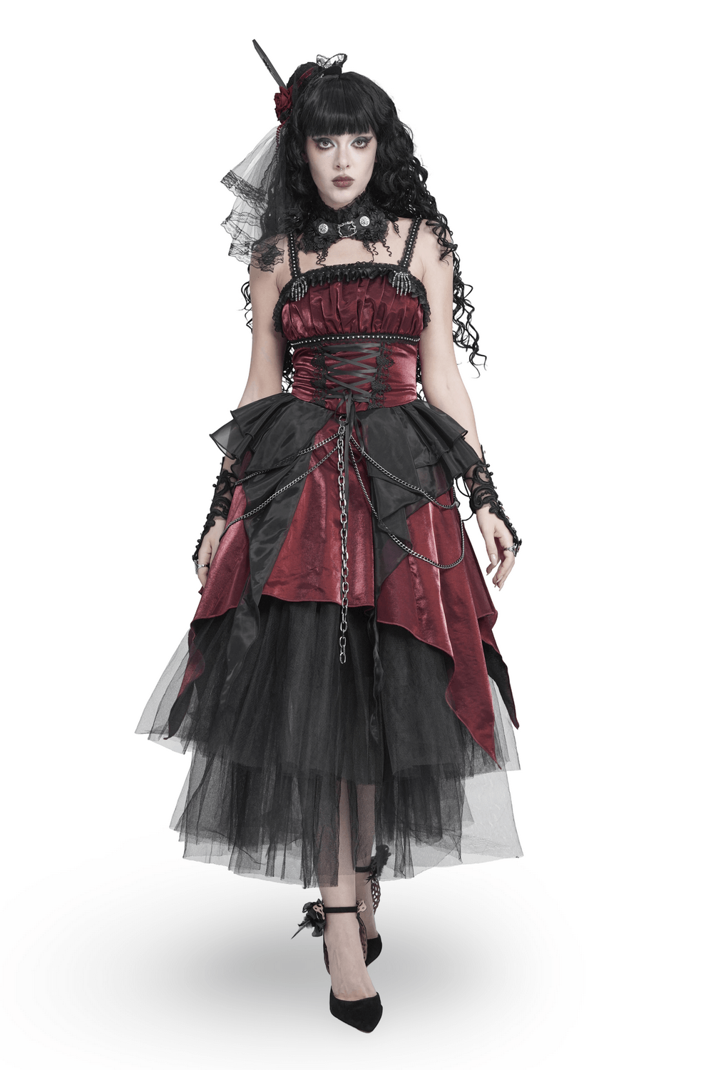 Gothic Burgundy Corset Dress with Chains and Tulle, Victorian punk dress with lace-up bodice and dramatic ruffles