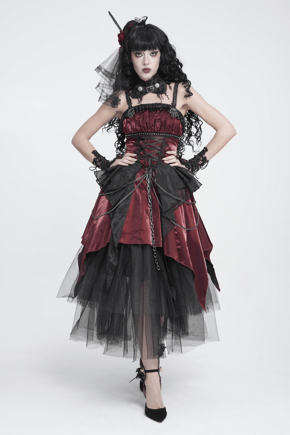 Gothic Burgundy Corset Dress with Chains and Tulle, Victorian punk style with lace-up bodice and dramatic black ruffles