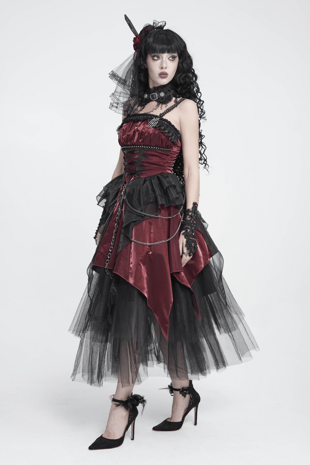 Gothic Burgundy Corset Dress with Chains and Tulle Victorian punk dress with lace-up bodice, ruffles, and black sheer overlays