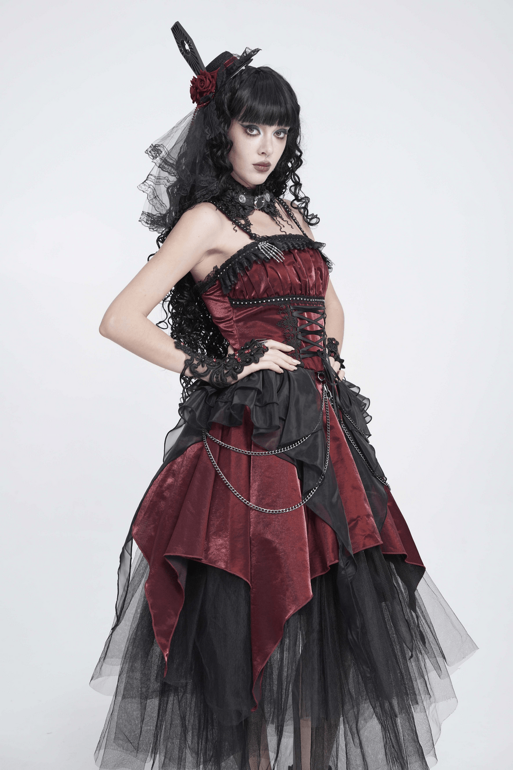 Gothic Burgundy Corset Dress with Chains and Tulle, Victorian punk dress with lace-up bodice, ruffles, and sheer black overlays