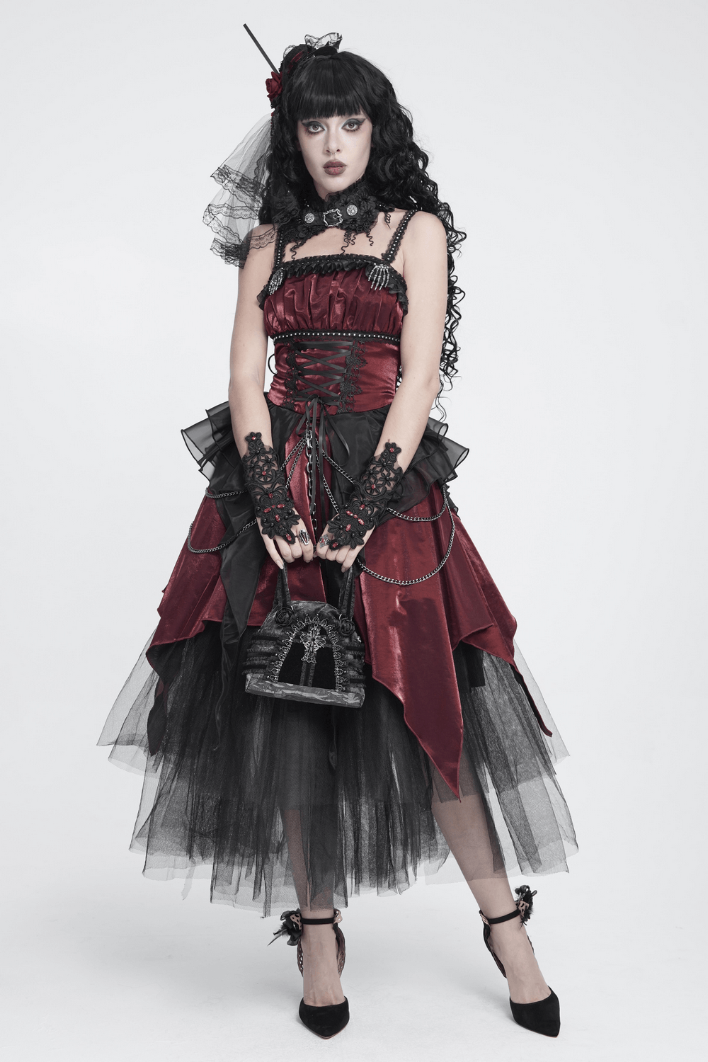 Gothic Burgundy Corset Dress with Chains and Tulle, Victorian punk dress with lace-up bodice and dramatic black tulle