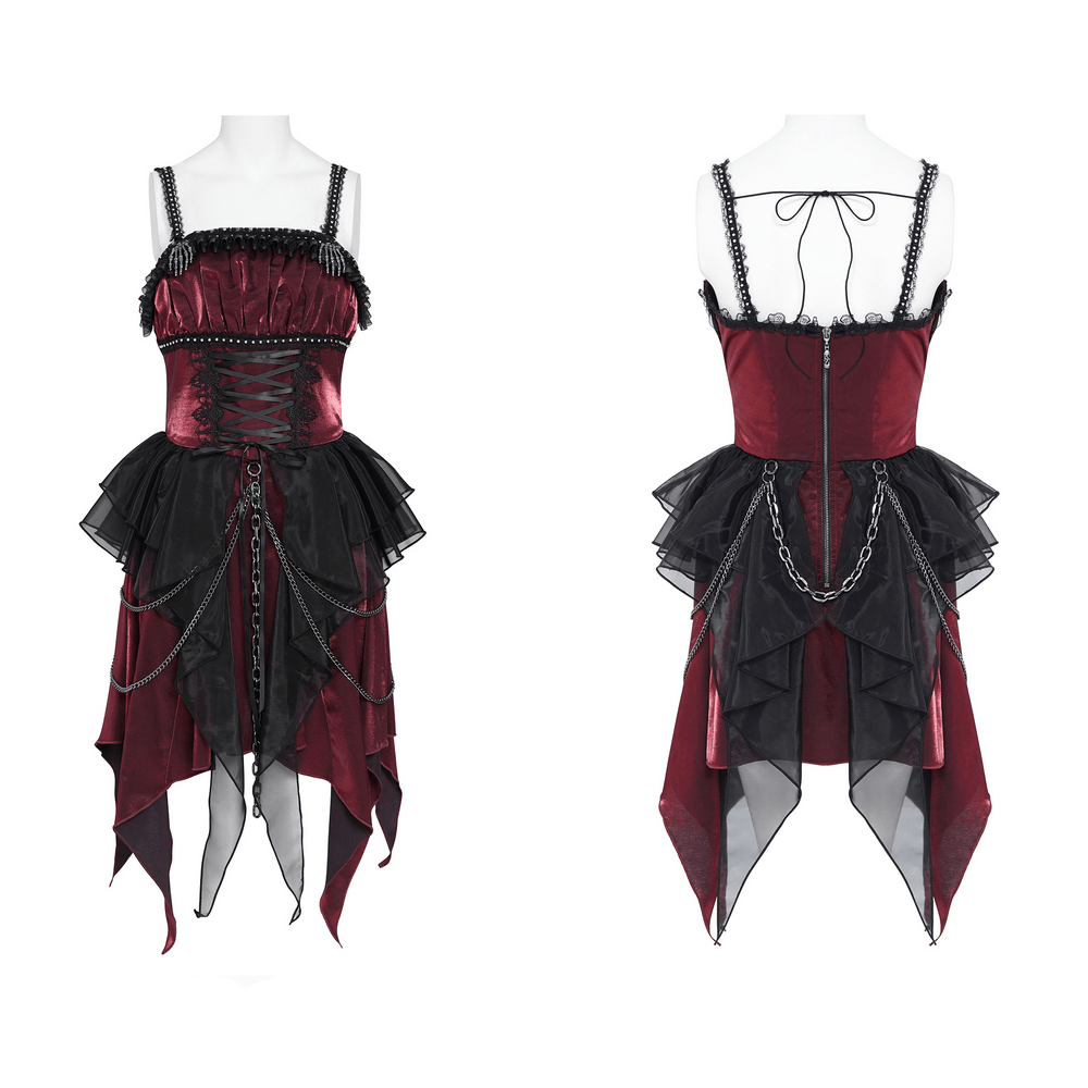 Gothic Burgundy Corset Dress with Chains and Tulle, burgundy Victorian punk dress with black lace and ruffles