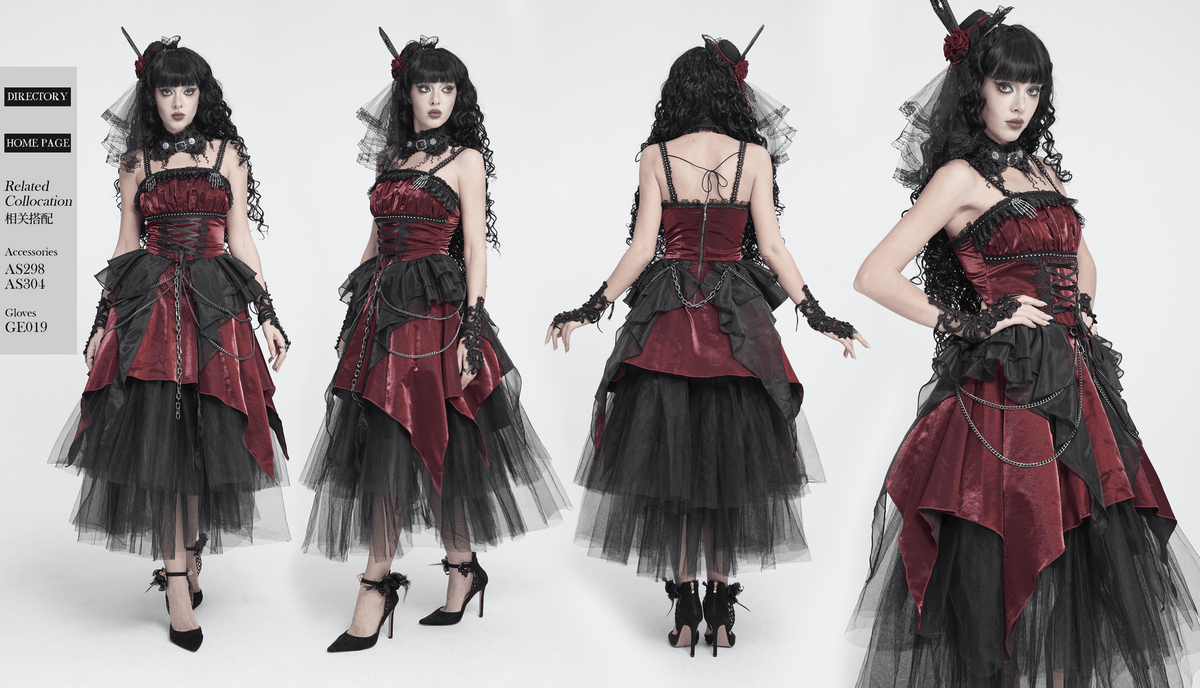 Gothic Burgundy Corset Dress with Chains and Tulle, Victorian punk corset dress with lace-up bodice and layered tulle
