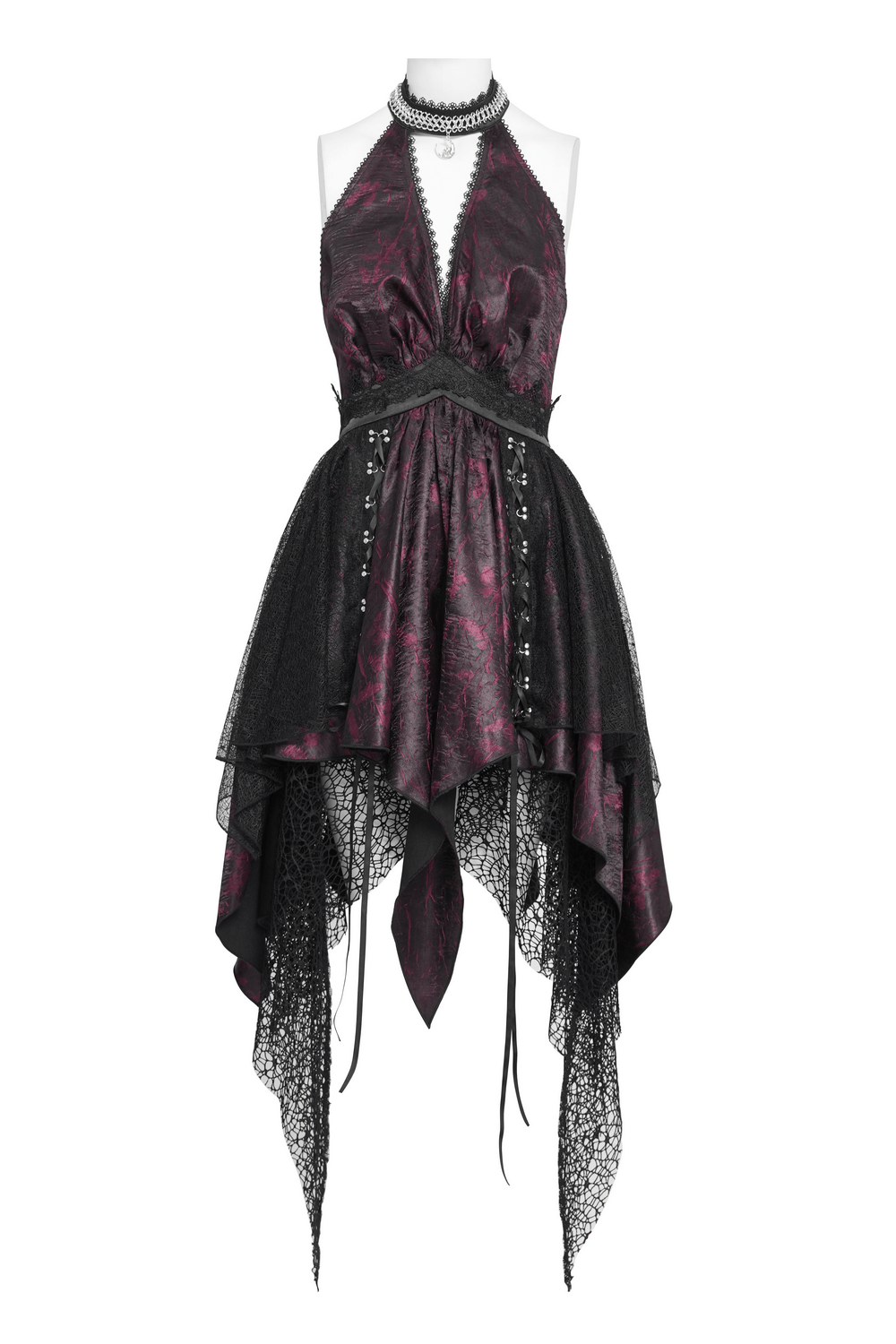 Gothic Burgundy Halter Dress with Lace Layers