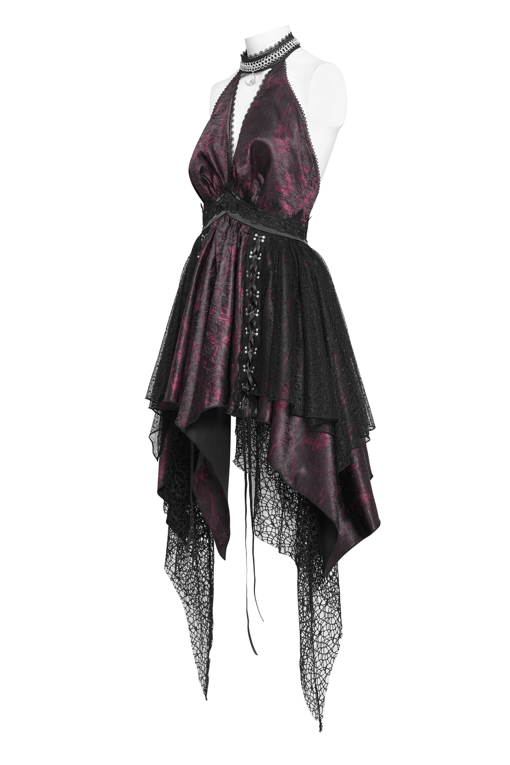 Gothic Burgundy Halter Dress with Lace Layers displayed on a mannequin, featuring intricate lace and dramatic layers.