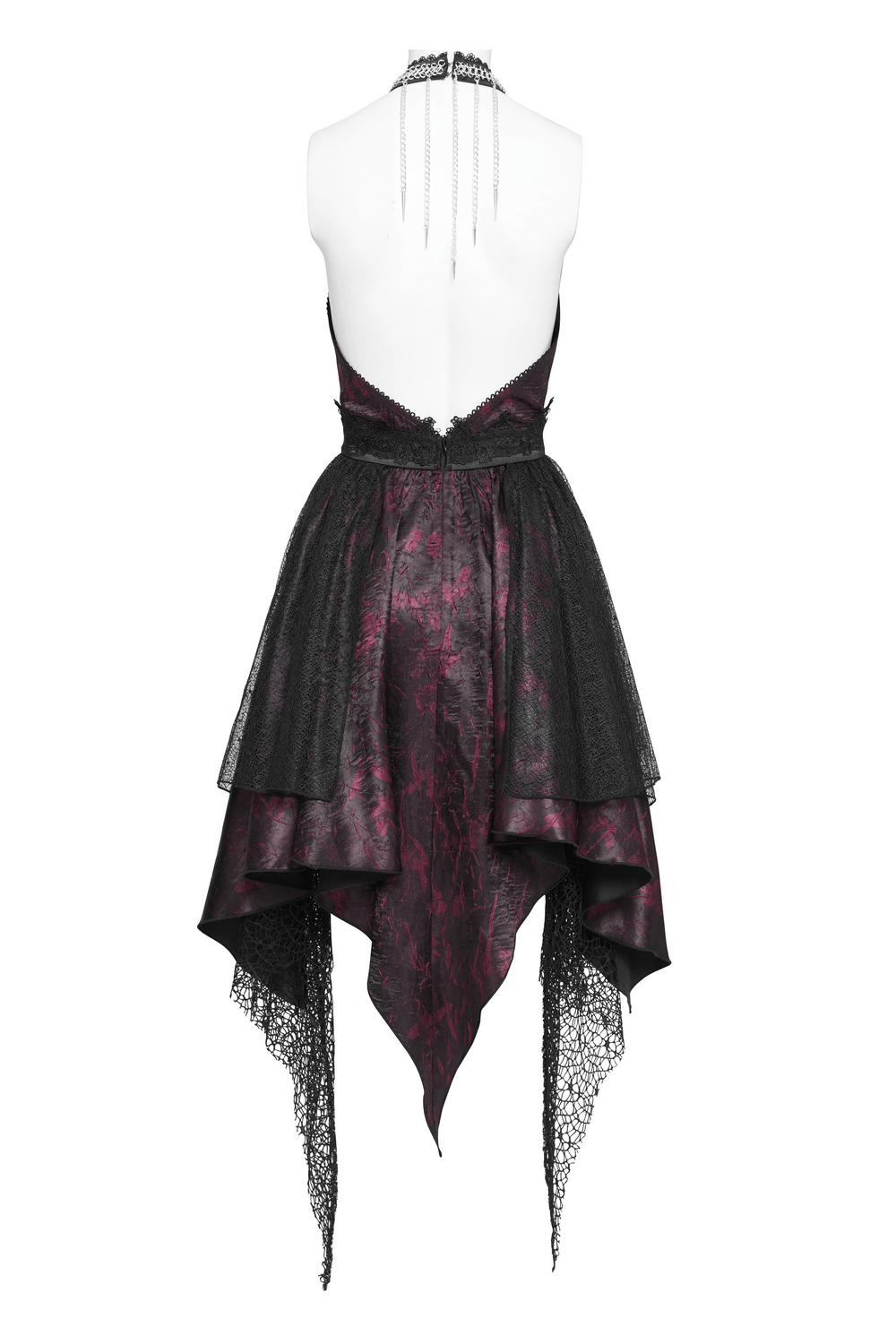 Gothic Burgundy Halter Dress with Lace Layers showcasing a unique back design and elegant lace detailing.