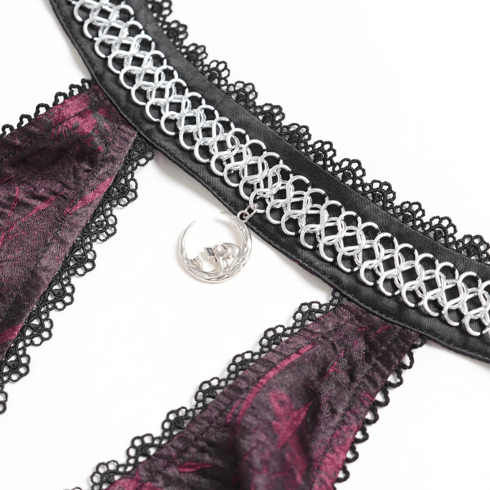 Gothic Burgundy Halter Dress with Lace Layers close-up showing intricate lace and silver detailing.