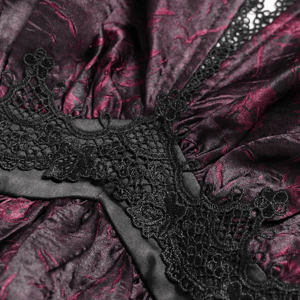 Close-up of the intricate lace detail on the Gothic Burgundy Halter Dress with Lace Layers.