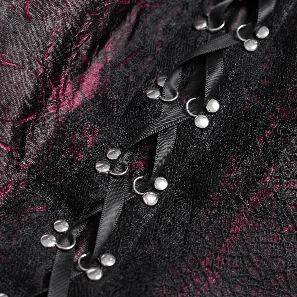 Gothic Burgundy Halter Dress with Lace Layers showcasing intricate black ribbon lacing and silver details.