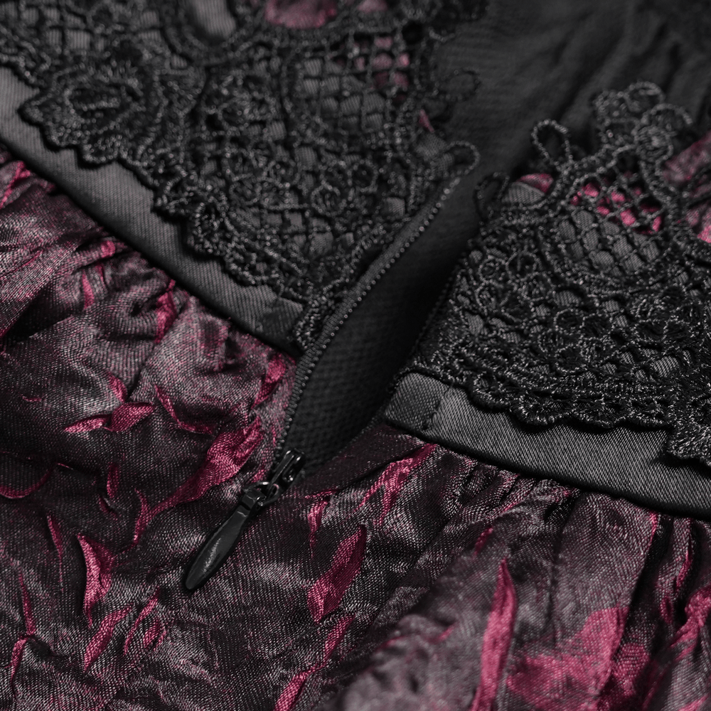 Gothic Burgundy Halter Dress with Lace Layers showcasing intricate lace detailing and elegant zipper.
