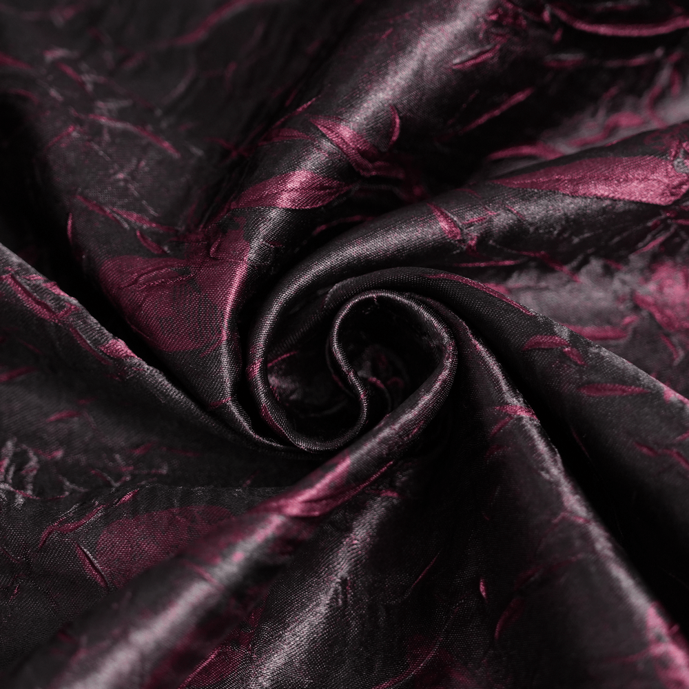 Gothic Burgundy Halter Dress with Lace Layers fabric close-up showcasing rich burgundy hues and intricate texture.