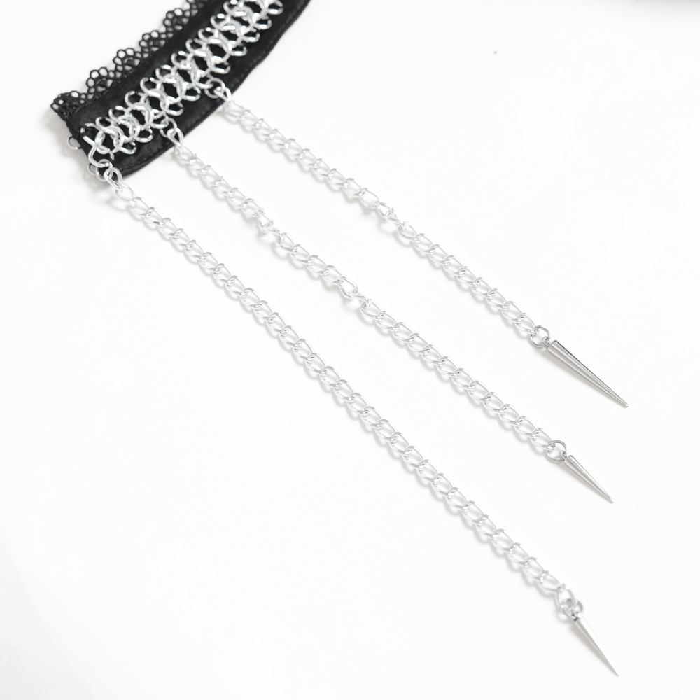 Gothic Burgundy Halter Dress with Lace Layers featuring elegant silver chain and spike details for a edgy look.