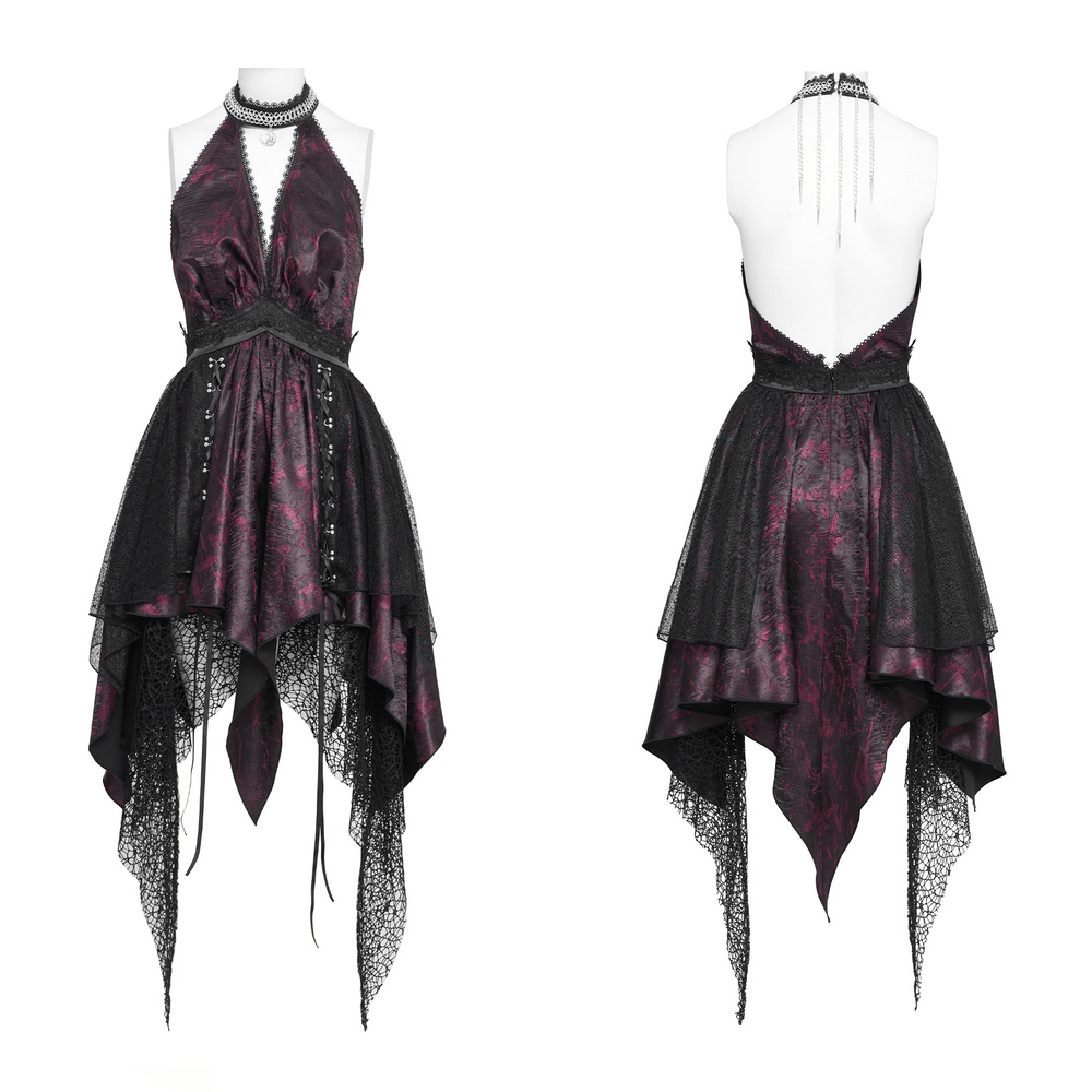 Gothic Burgundy Halter Dress with Lace Layers showcasing the front and back design details.