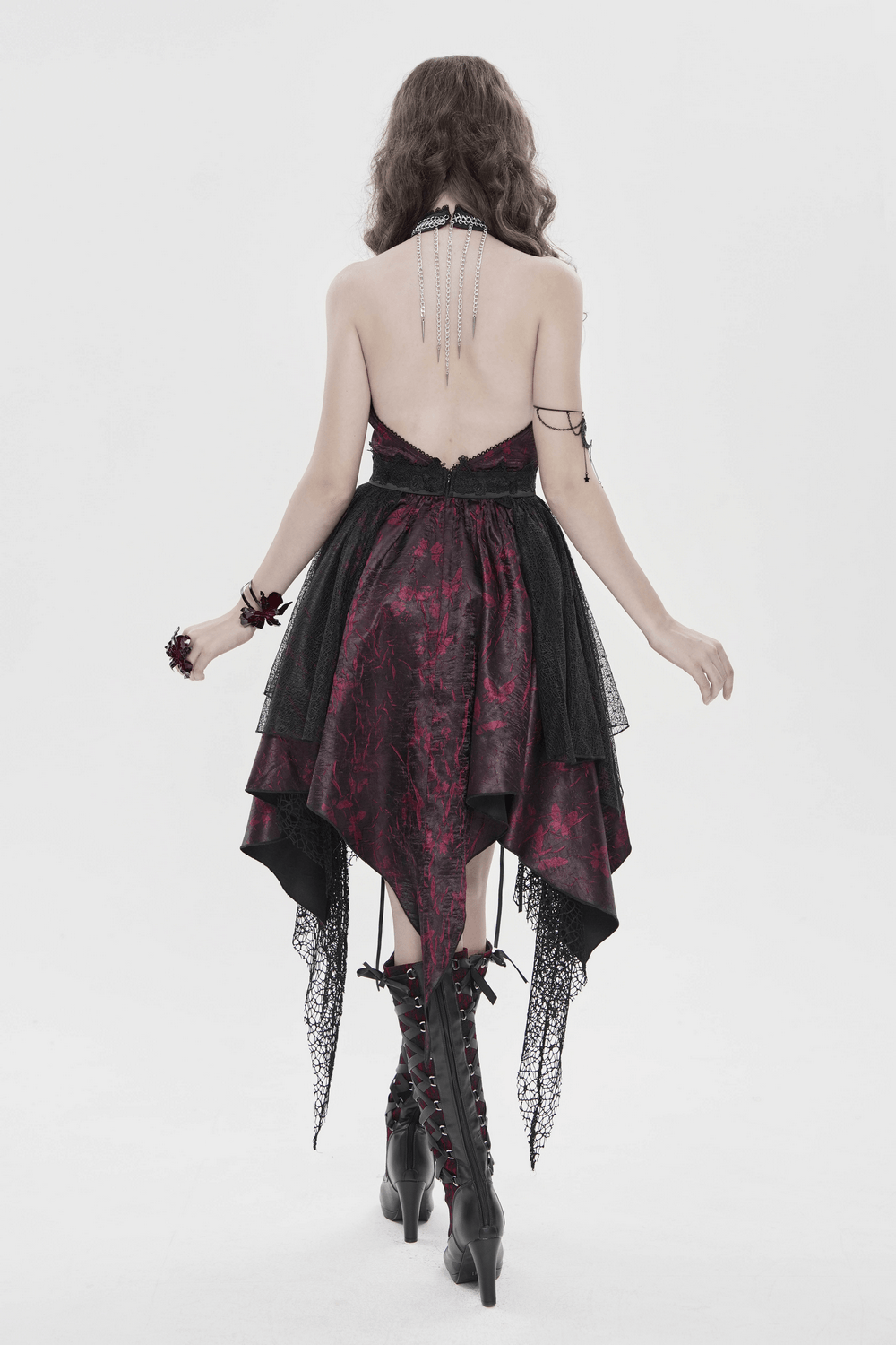 Model showcasing Gothic Burgundy Halter Dress with Lace Layers from the back, highlighting its elegant design and details.