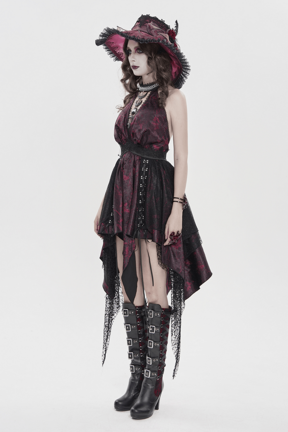 Gothic Burgundy Halter Dress with Lace Layers worn by a model in a dramatic pose with accessories.