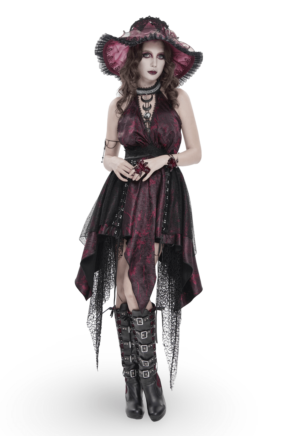 Gothic Burgundy Halter Dress with Lace Layers, featuring a dramatic design and lace details, perfect for gothic enthusiasts.