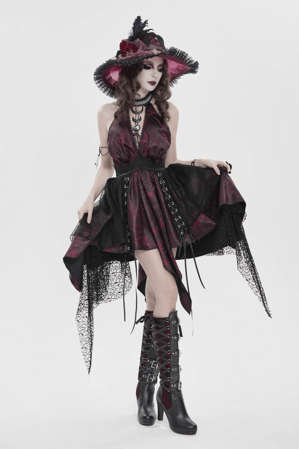 Gothic Burgundy Halter Dress with Lace Layers worn by model, showcasing intricate lace and gothic style details.