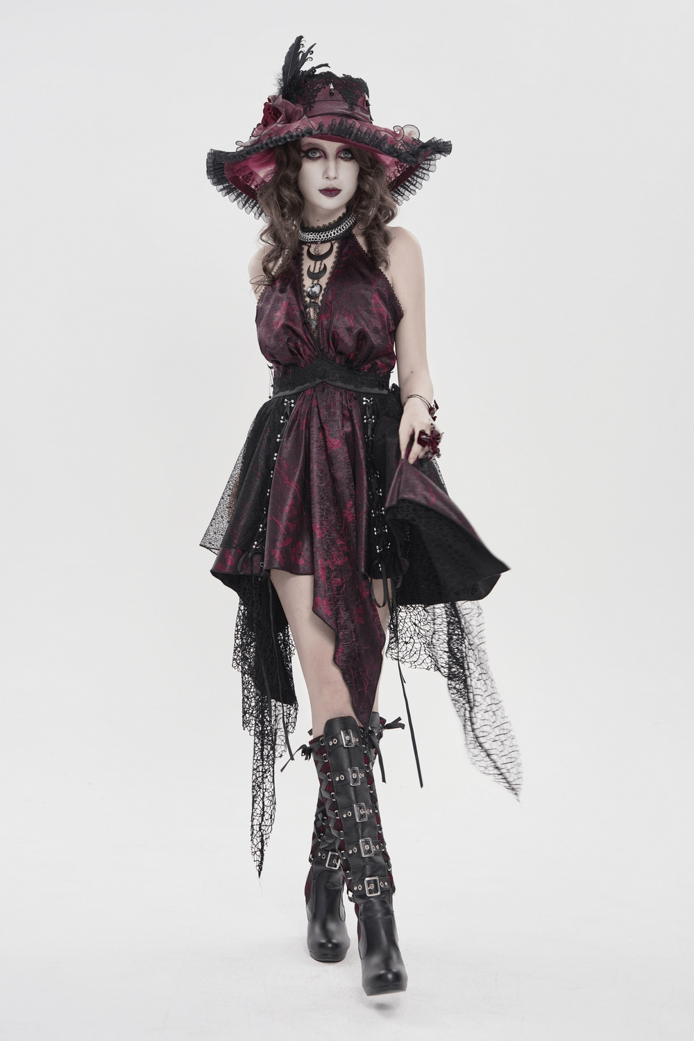 Gothic Burgundy Halter Dress with Lace Layers on a model showcasing elegant style and unique fashion.