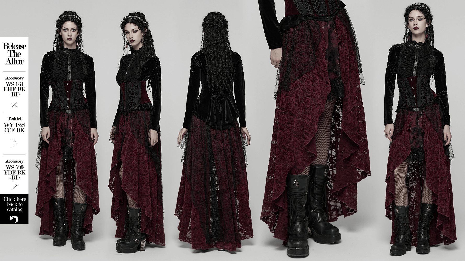 Gothic Burgundy Lace and Velvet High-Low Skirt showcasing layers of lace, mesh, and velvet in a dramatic goth style.