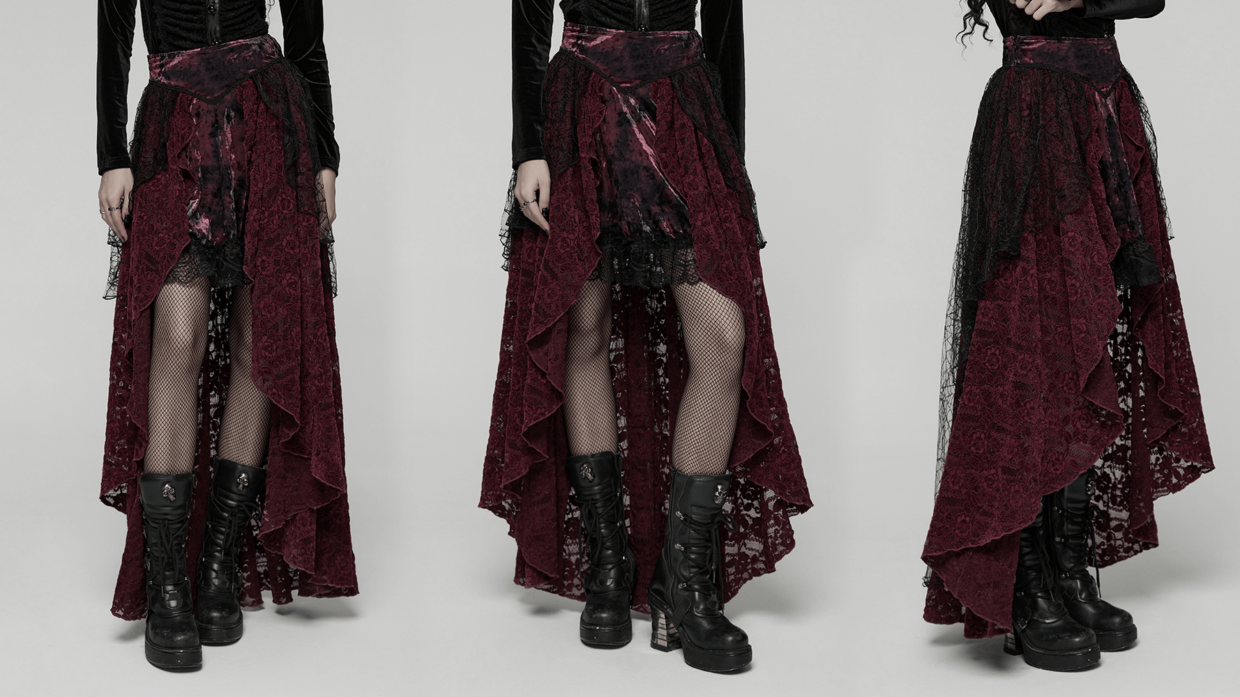 Gothic Burgundy Lace and Velvet High-Low Skirt showcasing layered lace and velvet in a dramatic design perfect for alternative fashion.