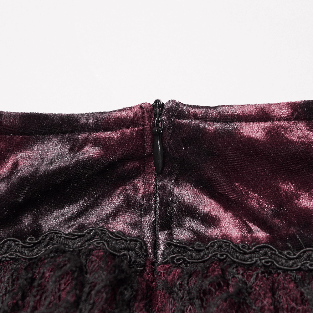 Back view of the Gothic Burgundy Lace and Velvet High-Low Skirt with invisible zipper detail.