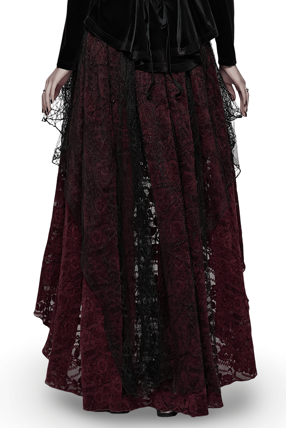 Gothic Burgundy Lace and Velvet High-Low Skirt featuring dramatic layered burgundy lace and spider web mesh.