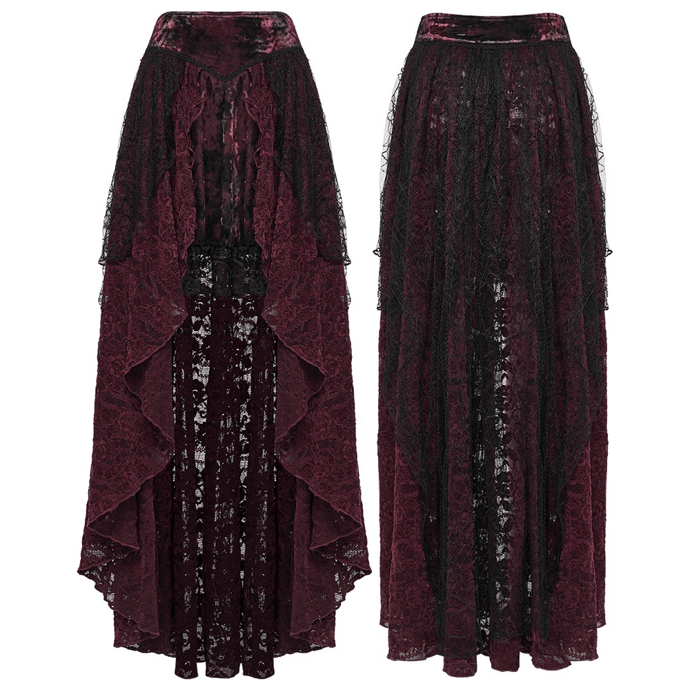 Gothic Burgundy Lace and Velvet High-Low Skirt showcasing dramatic layered design with lace and velvet textures.