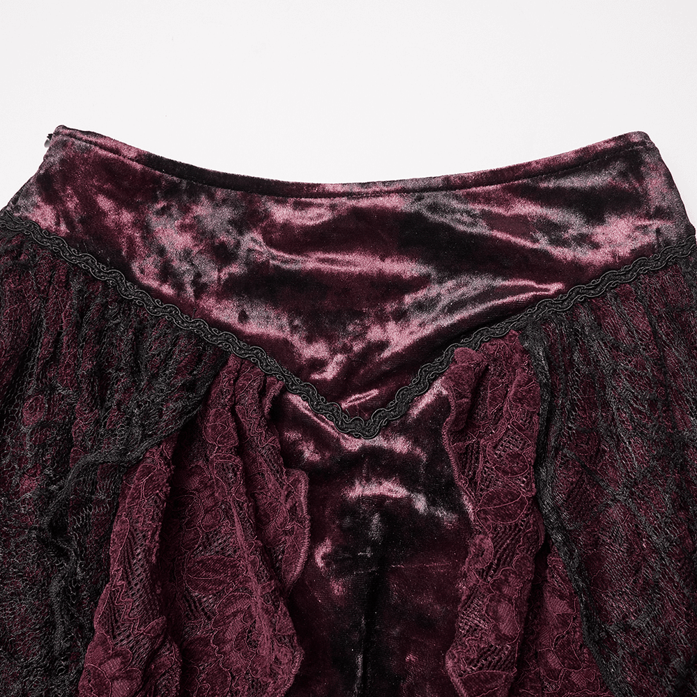 Gothic Burgundy Lace and Velvet High-Low Skirt close-up of luxurious velvet and lace detailing.