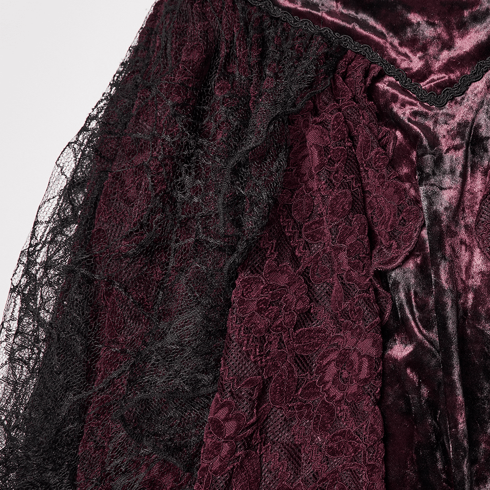 Gothic Burgundy Lace and Velvet High-Low Skirt showcasing intricate lace and velvet textures for alternative fashion enthusiasts.