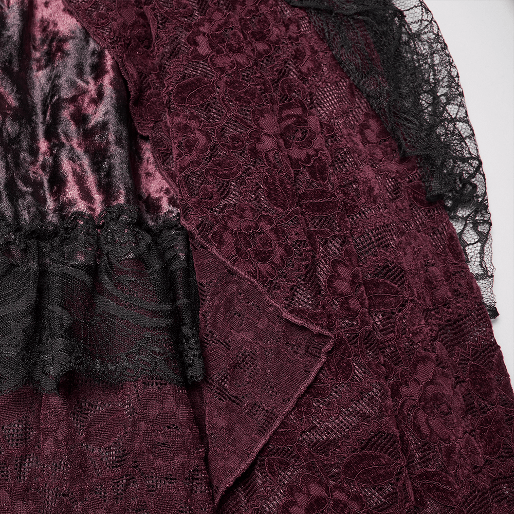 Gothic Burgundy Lace and Velvet High-Low Skirt featuring burgundy lace, spider web mesh and velvet textures.