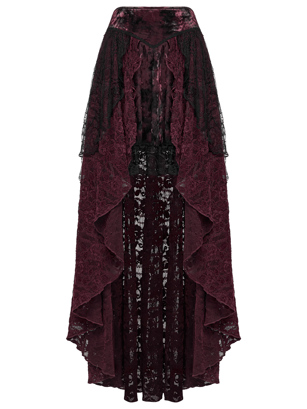 Gothic Burgundy Lace and Velvet High-Low Skirt featuring layered lace and velvet patchwork with an elegant high-low design.