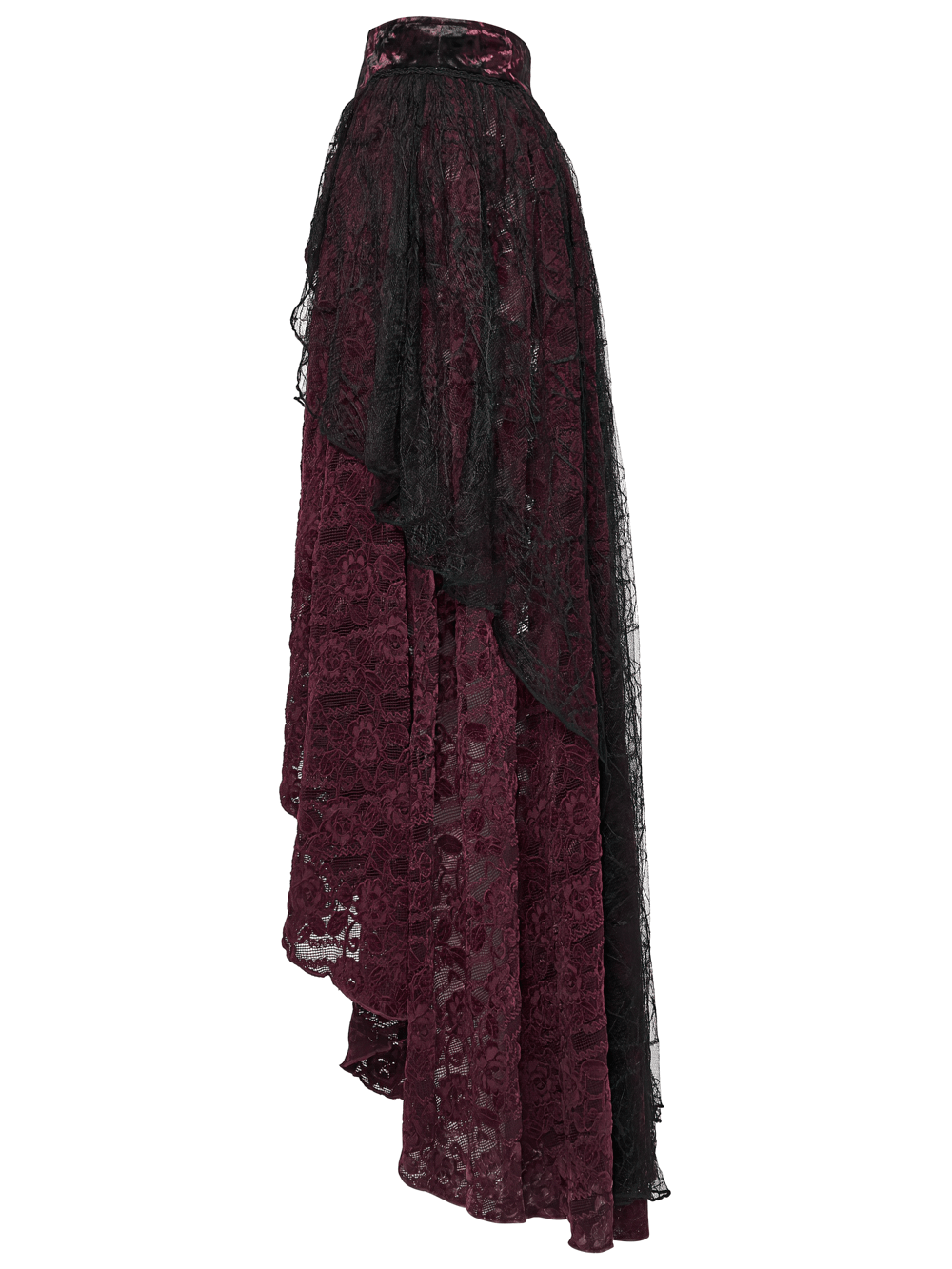 Gothic Burgundy Lace and Velvet High-Low Skirt showcasing layered burgundy lace and black mesh for an elegant goth look.