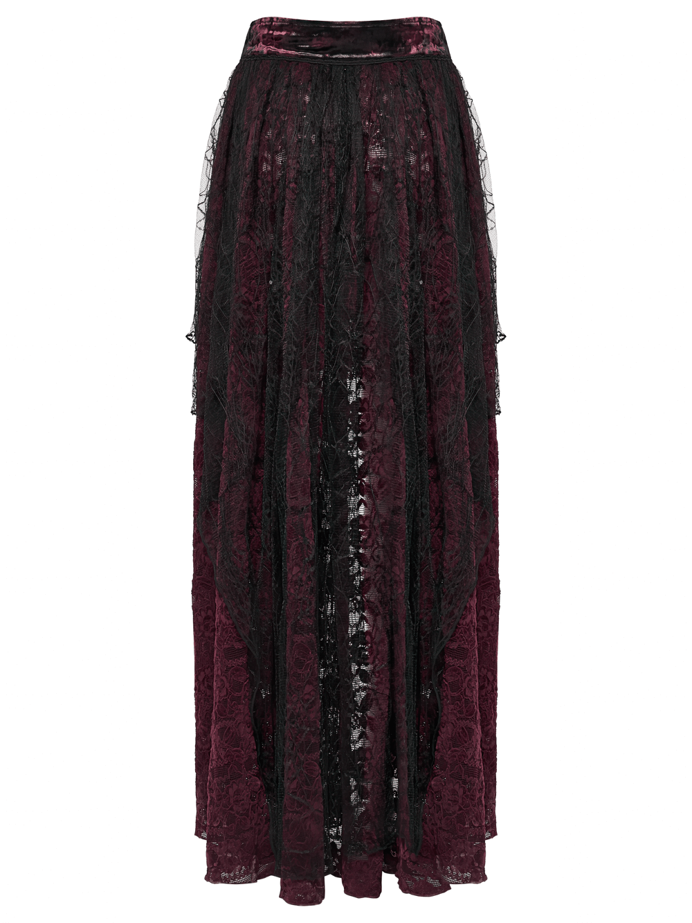 Gothic Burgundy Lace and Velvet High-Low Skirt featuring layered 3D lace and velvet patchwork in a dramatic design.
