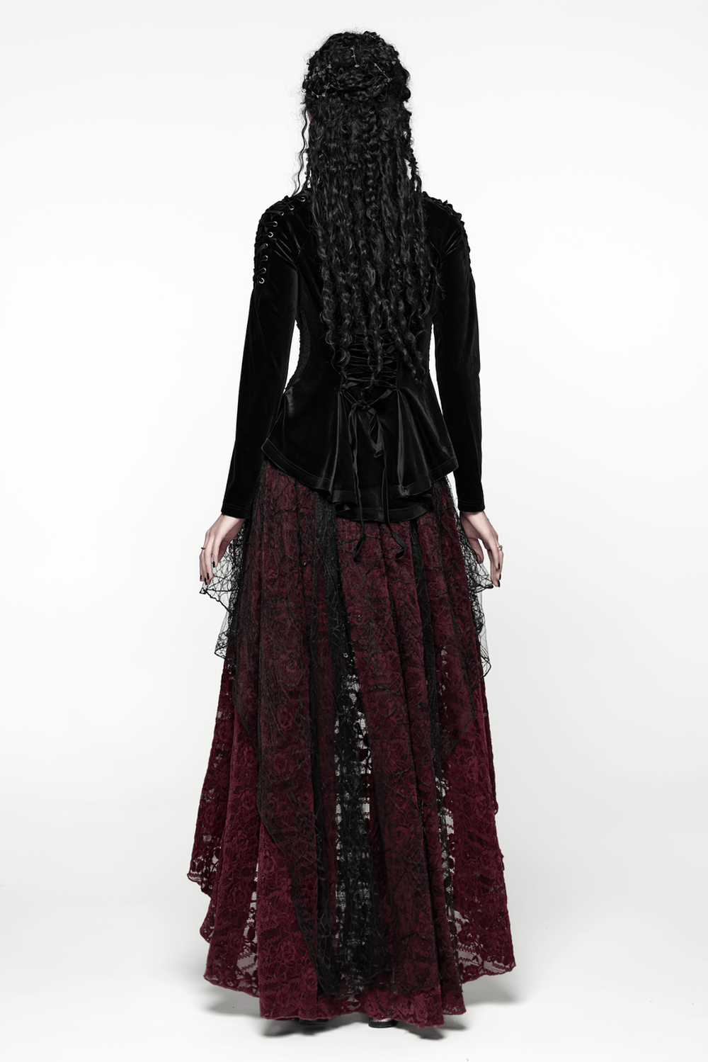 Gothic Burgundy Lace and Velvet High-Low Skirt showcased from the back, featuring dramatic lace and velvet details.