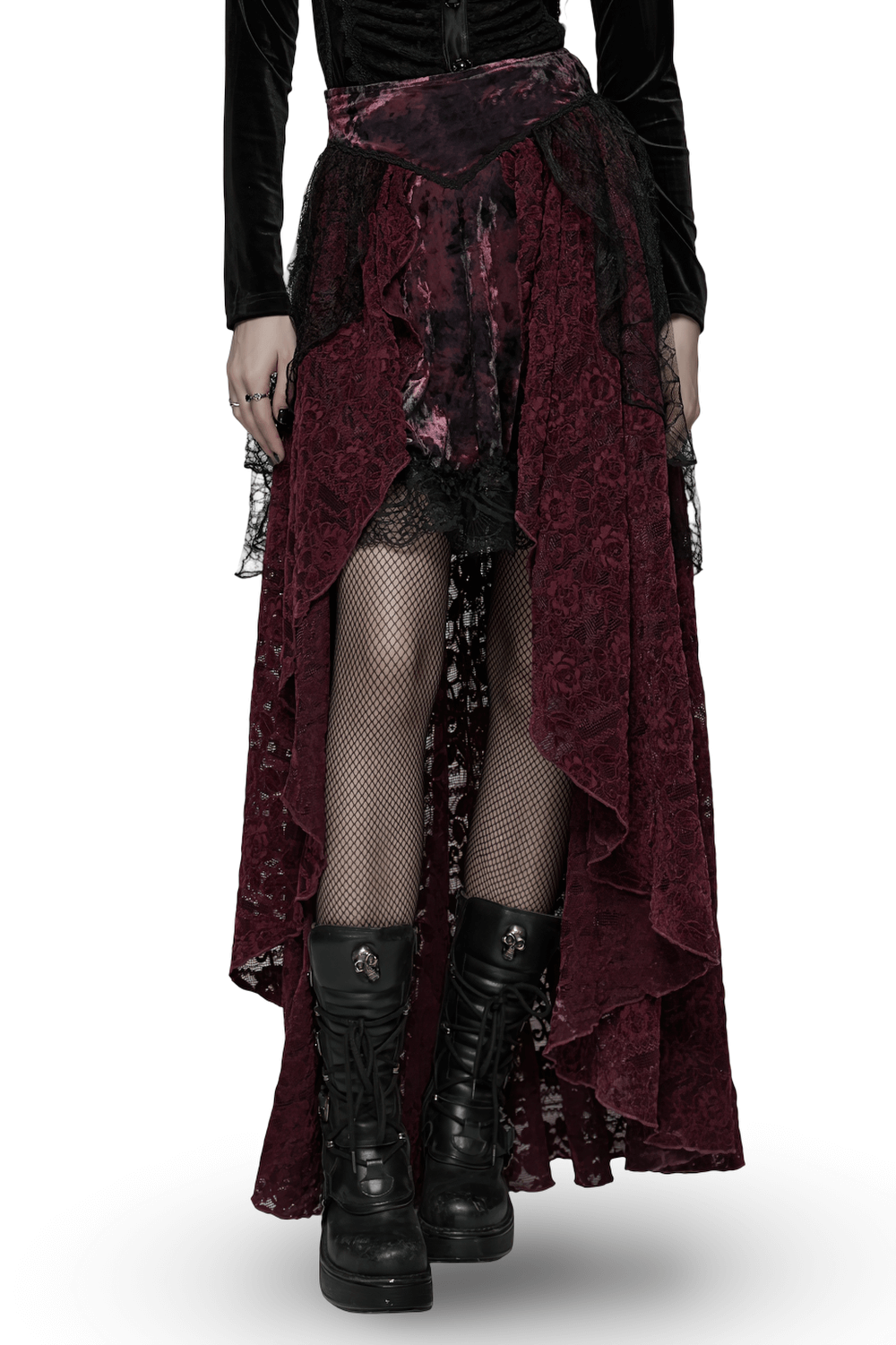 Gothic Burgundy Lace and Velvet High-Low Skirt showcasing dramatic layered design and texture with an elegant gothic flair.