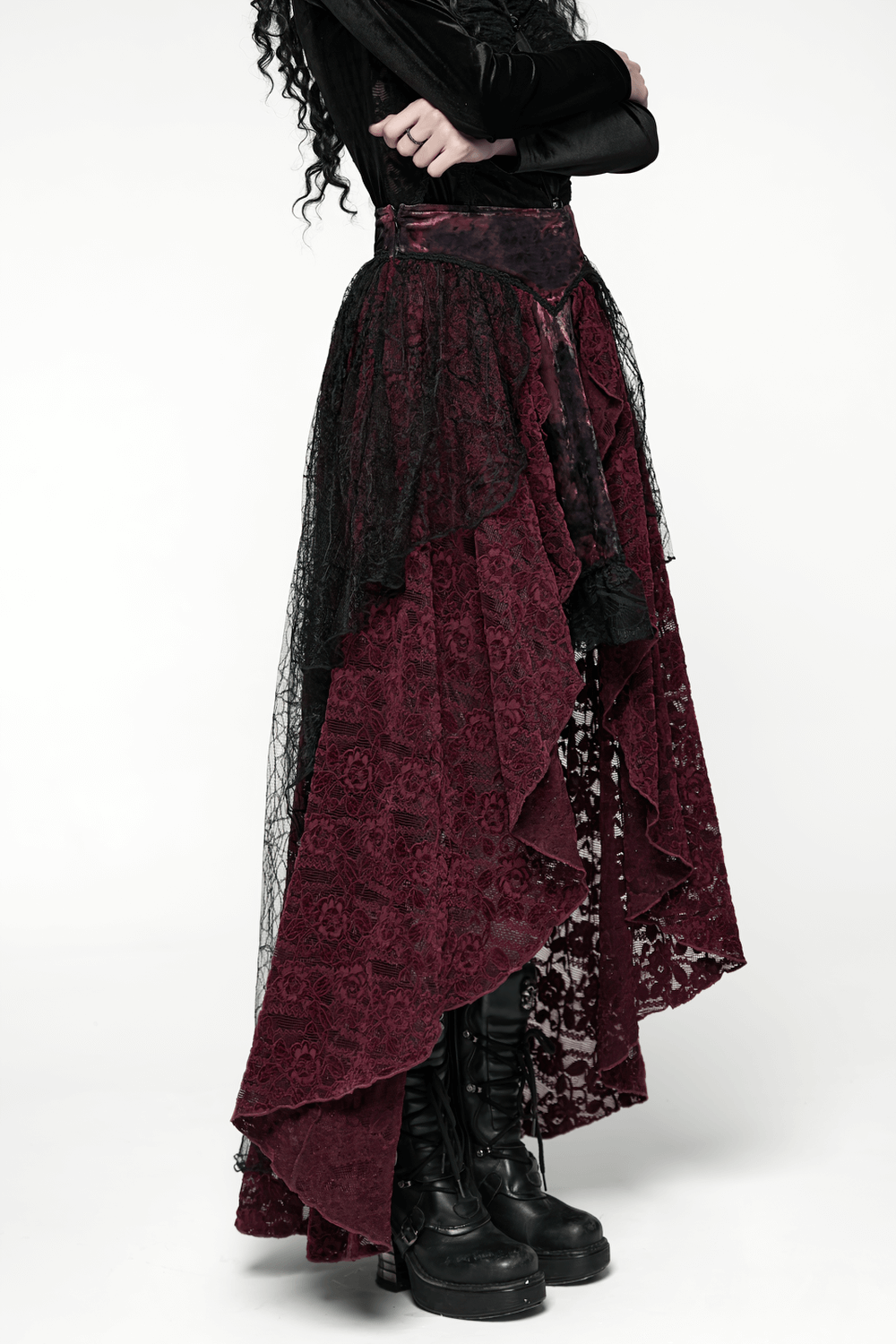 Gothic Burgundy Lace and Velvet High-Low Skirt featuring dramatic layers and gothic elegance.