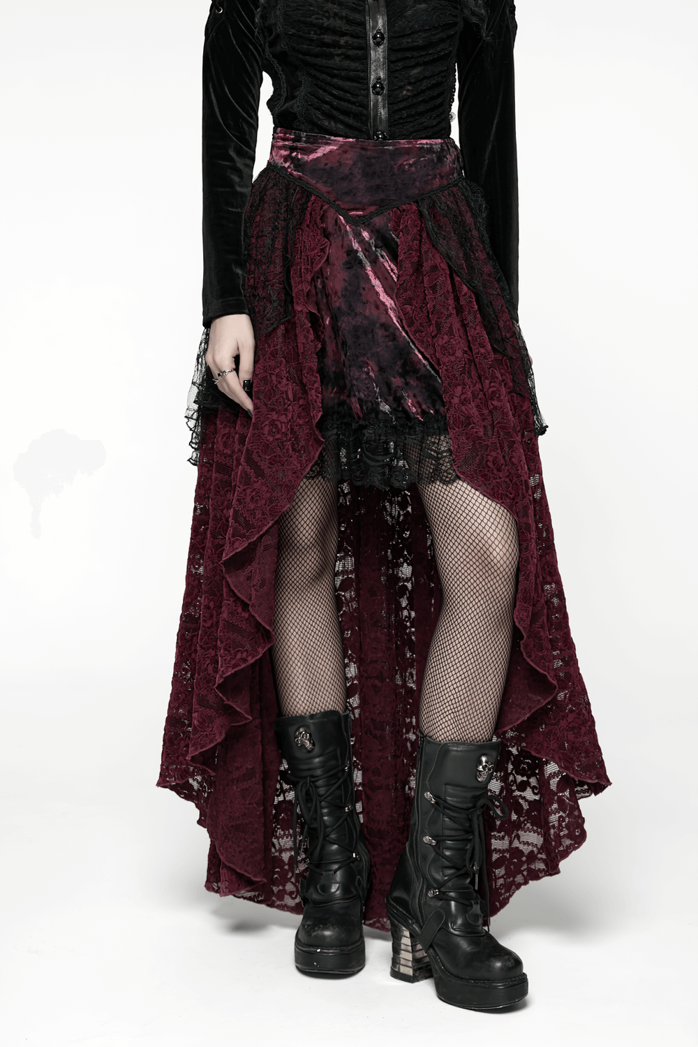 Gothic Burgundy Lace and Velvet High-Low Skirt featuring layered lace, mesh, and velvet with dramatic ruffles.