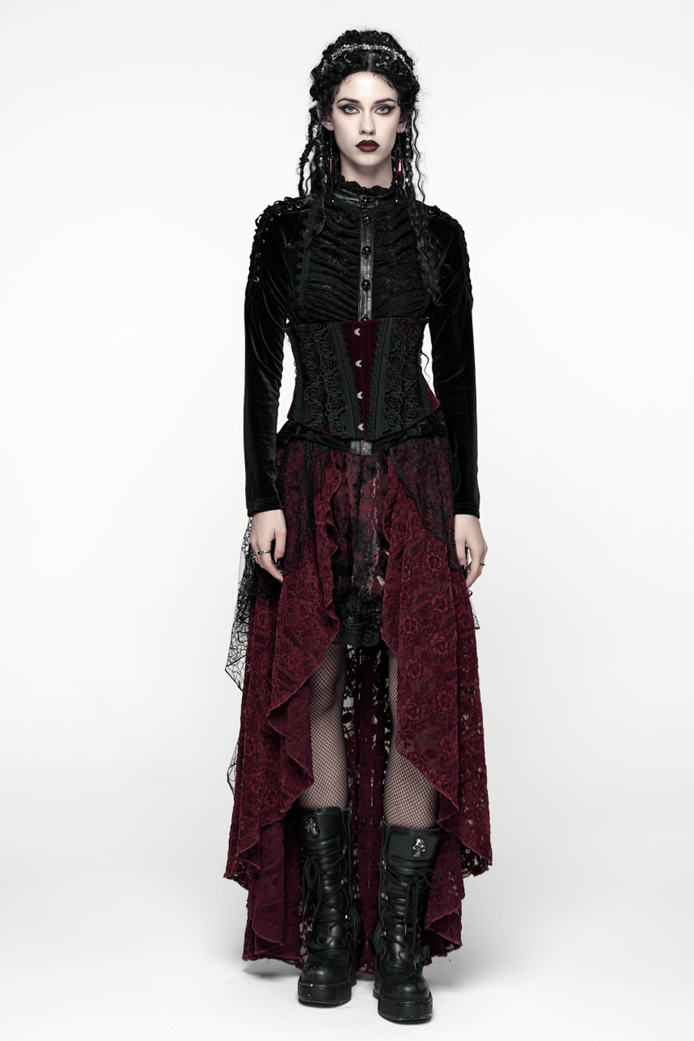 Gothic Burgundy Lace and Velvet High-Low Skirt worn by model with dark makeup and edgy boots, showcasing dramatic layered design.